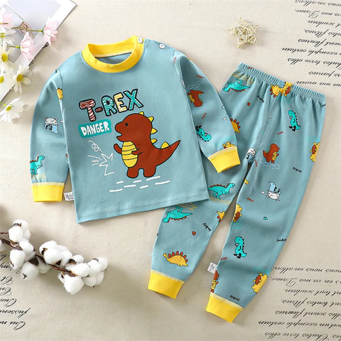 Full Sleeve Cartoon Print Cotton T-shirt & Pajama Pajama Clothing Set for Infant Toddler Baby Boy Girl Kids