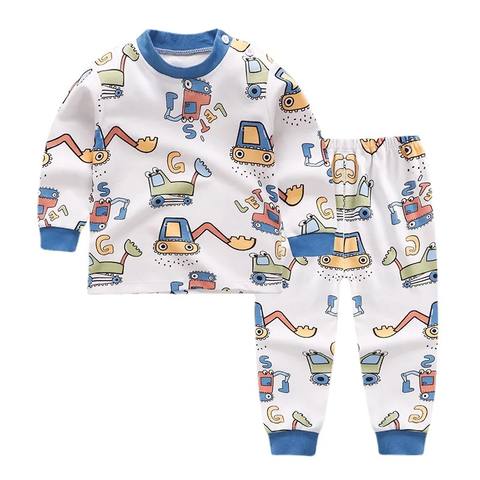 Full Sleeve Cartoon Print Cotton T-shirt & Pajama Pajama Clothing Set for Infant Toddler Baby Boy Girl Kids