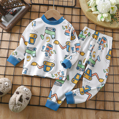 Full Sleeve Cartoon Print Cotton T-shirt & Pajama Pajama Clothing Set for Infant Toddler Baby Boy Girl Kids