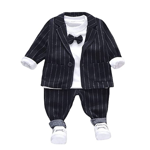 3 Piece Stripe Print Boys Party Suit - Coat, T-Shirt, Trouser & Bowtie for Infant Toddler Boys