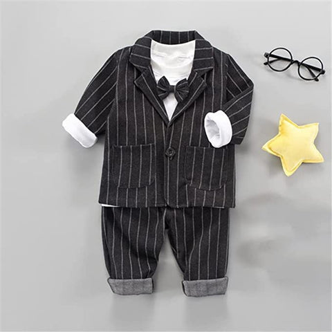 3 Piece Stripe Print Boys Party Suit - Coat, T-Shirt, Trouser & Bowtie for Infant Toddler Boys
