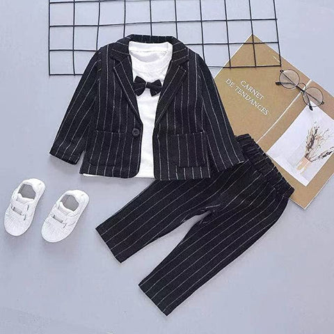 3 Piece Stripe Print Boys Party Suit - Coat, T-Shirt, Trouser & Bowtie for Infant Toddler Boys