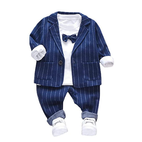 3 Piece Stripe Print Boys Party Suit - Coat, T-Shirt, Trouser & Bowtie for Infant Toddler Boys