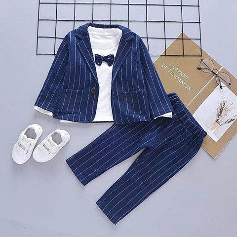 3 Piece Stripe Print Boys Party Suit - Coat, T-Shirt, Trouser & Bowtie for Infant Toddler Boys