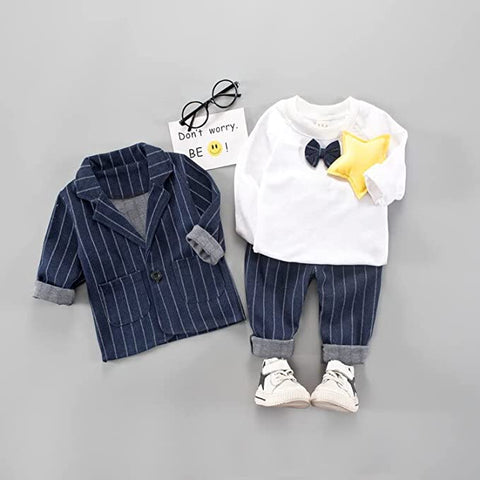 3 Piece Stripe Print Boys Party Suit - Coat, T-Shirt, Trouser & Bowtie for Infant Toddler Boys