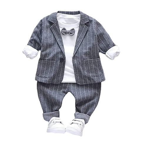3 Piece Stripe Print Boys Party Suit - Coat, T-Shirt, Trouser & Bowtie for Infant Toddler Boys