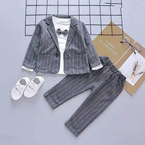 3 Piece Stripe Print Boys Party Suit - Coat, T-Shirt, Trouser & Bowtie for Infant Toddler Boys