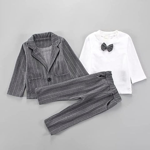 3 Piece Stripe Print Boys Party Suit - Coat, T-Shirt, Trouser & Bowtie for Infant Toddler Boys