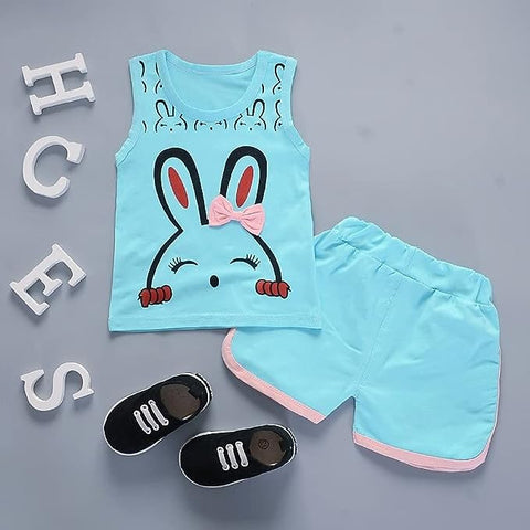 Cute Cartoon Print Tank Top & Shorts Set for Baby Girls