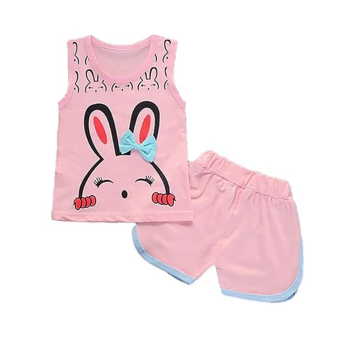 Cute Cartoon Print Tank Top & Shorts Set for Baby Girls