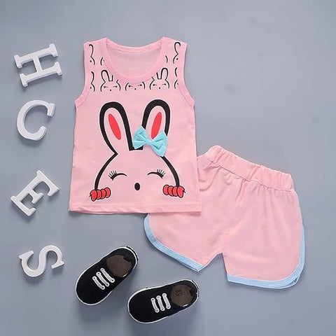 Cute Cartoon Print Tank Top & Shorts Set for Baby Girls