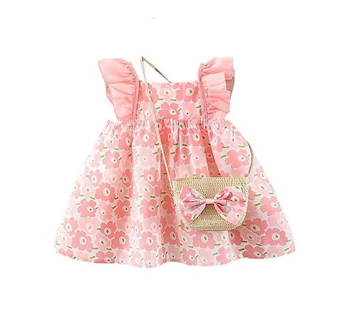 Sleeveless Flower Print Party Dress Frock with Bag Purse for Baby Girls
