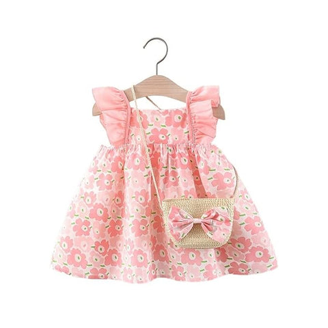 Sleeveless Flower Print Party Dress Frock with Bag Purse for Baby Girls