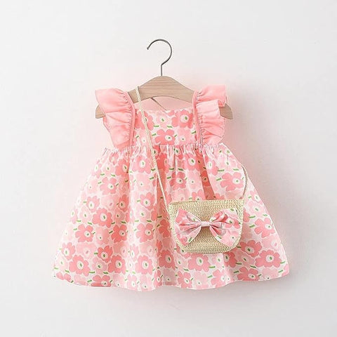 Sleeveless Flower Print Party Dress Frock with Bag Purse for Baby Girls