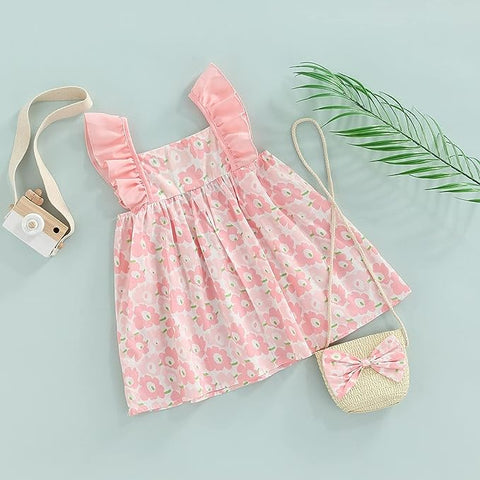 Sleeveless Flower Print Party Dress Frock with Bag Purse for Baby Girls