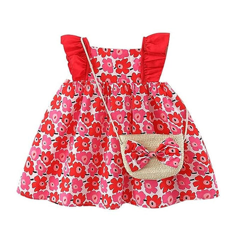 Sleeveless Flower Print Party Dress Frock with Bag Purse for Baby Girls