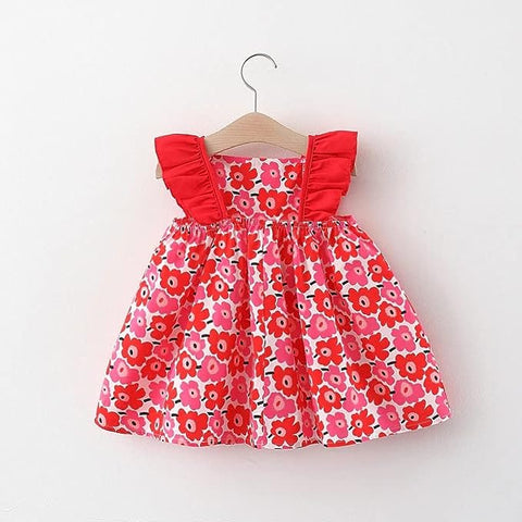 Sleeveless Flower Print Party Dress Frock with Bag Purse for Baby Girls
