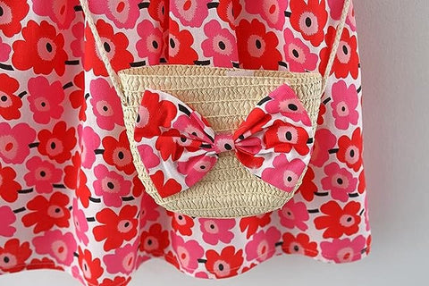 Sleeveless Flower Print Party Dress Frock with Bag Purse for Baby Girls