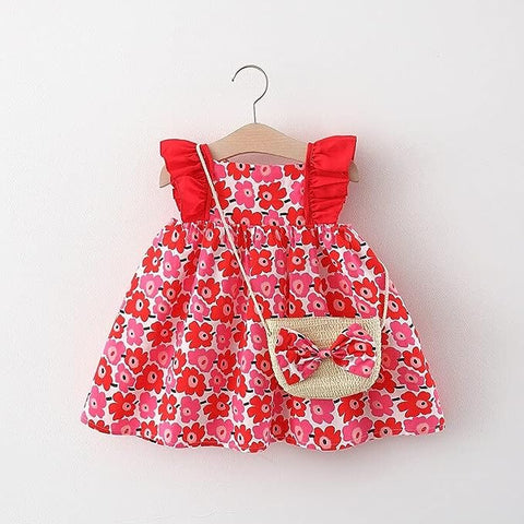 Sleeveless Flower Print Party Dress Frock with Bag Purse for Baby Girls