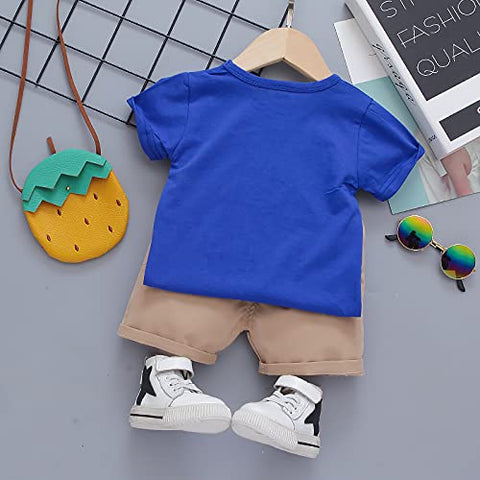 Kid's Cartoon Print T-shirt with Khaki Shorts Knicker Summer Clothing Set