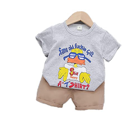Kid's Cartoon Print T-shirt with Khaki Shorts Knicker Summer Clothing Set
