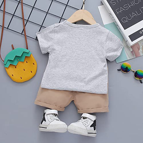 Kid's Cartoon Print T-shirt with Khaki Shorts Knicker Summer Clothing Set