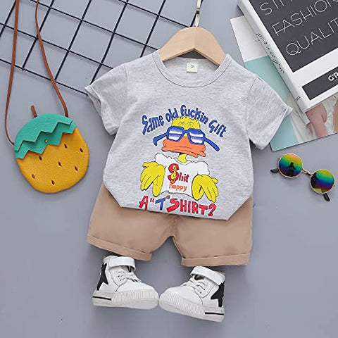 Kid's Cartoon Print T-shirt with Khaki Shorts Knicker Summer Clothing Set