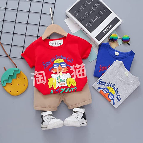 Kid's Cartoon Print T-shirt with Khaki Shorts Knicker Summer Clothing Set