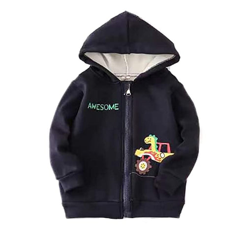 Kids Winter Warm Fleece Awesome Dinosaur Print Front Open Zipper Hoodie Sweatshirt