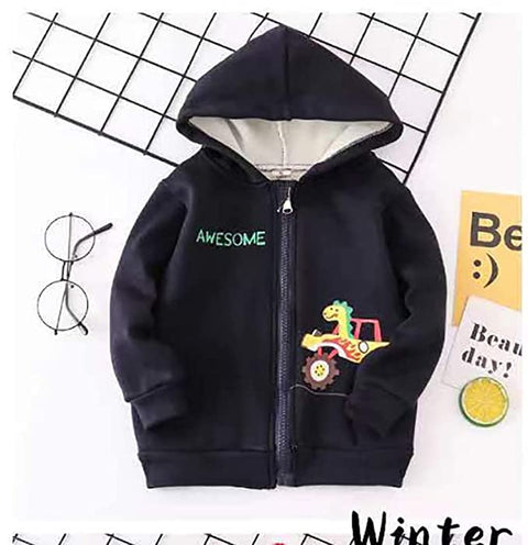 Kids Winter Warm Fleece Awesome Dinosaur Print Front Open Zipper Hoodie Sweatshirt