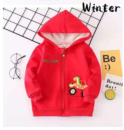 Kids Winter Warm Fleece Awesome Dinosaur Print Front Open Zipper Hoodie Sweatshirt