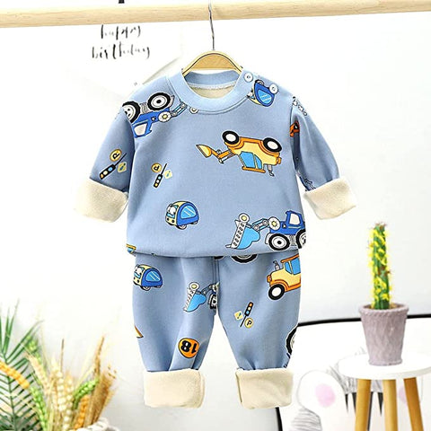 Winter Warm Fleece Kid's Cartoon Thick T-Shirt and Pajama Clothing Set