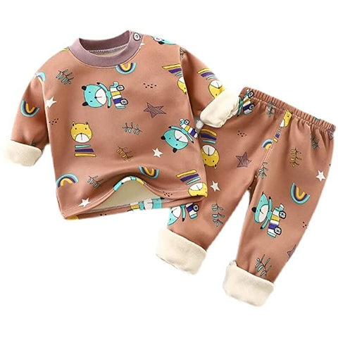 Winter Warm Fleece Kid's Cartoon Thick T-Shirt and Pajama Clothing Set
