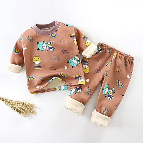 Winter Warm Fleece Kid's Cartoon Thick T-Shirt and Pajama Clothing Set