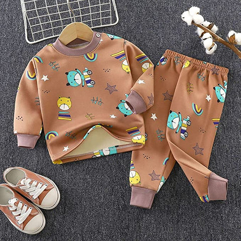 Winter Warm Fleece Kid's Cartoon Thick T-Shirt and Pajama Clothing Set