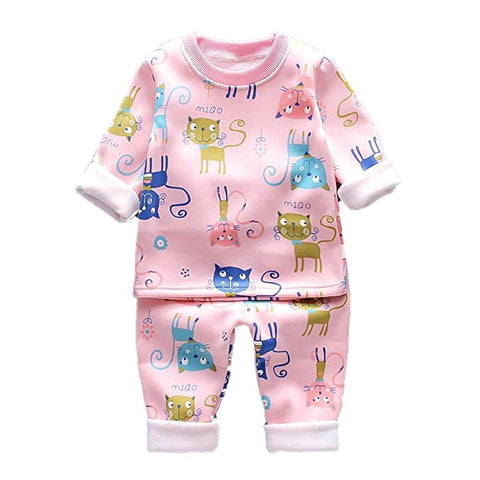 Winter Warm Fleece Kid's Cartoon Thick T-Shirt and Pajama Clothing Set