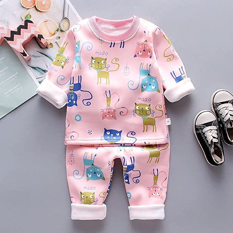 Winter Warm Fleece Kid's Cartoon Thick T-Shirt and Pajama Clothing Set