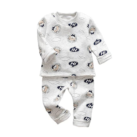 Winter Warm Fleece Kid's Cartoon Thick T-Shirt and Pajama Clothing Set
