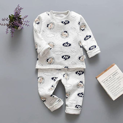 Winter Warm Fleece Kid's Cartoon Thick T-Shirt and Pajama Clothing Set