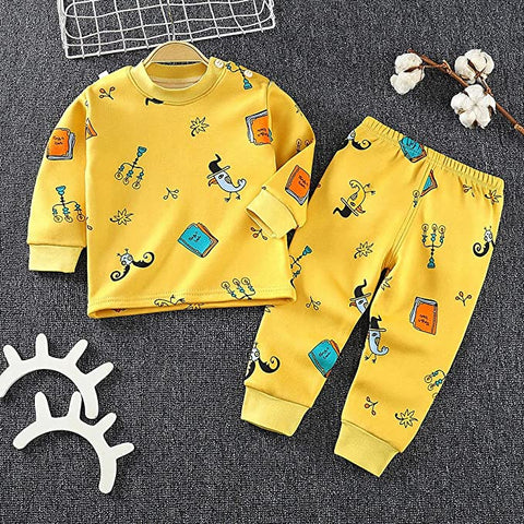 Winter Warm Fleece Kid's Cartoon Thick T-Shirt and Pajama Clothing Set