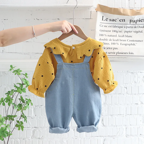 Full Length Polka Dot Print Girl's Stylish Top with Denim Dungaree Pants
