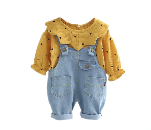 Full Length Polka Dot Print Girl's Stylish Top with Denim Dungaree Pants