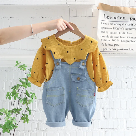 Full Length Polka Dot Print Girl's Stylish Top with Denim Dungaree Pants