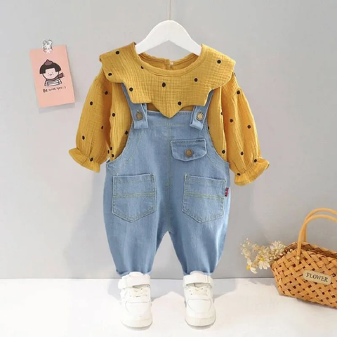 Full Length Polka Dot Print Girl's Stylish Top with Denim Dungaree Pants