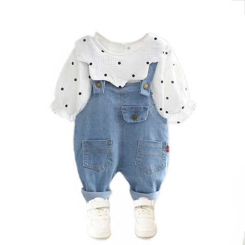 Full Length Polka Dot Print Girl's Stylish Top with Denim Dungaree Pants