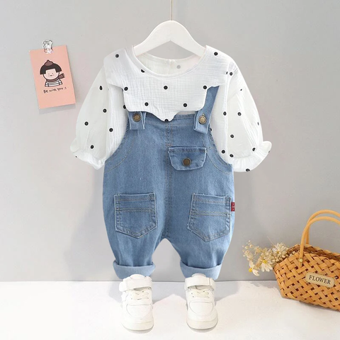 Full Length Polka Dot Print Girl's Stylish Top with Denim Dungaree Pants
