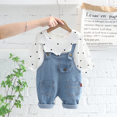 Full Length Polka Dot Print Girl's Stylish Top with Denim Dungaree Pants