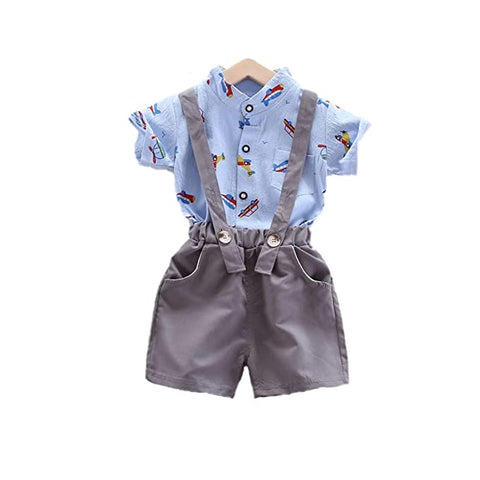 Boy's Aeroplane Printed Kids Half Sleeve PC Shirt and Bib Shorts Dungaree with Suspender