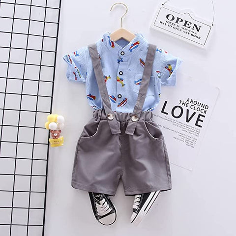 Boy's Aeroplane Printed Kids Half Sleeve PC Shirt and Bib Shorts Dungaree with Suspender
