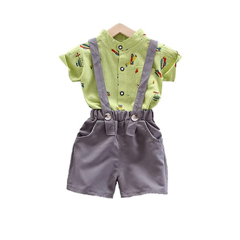 Boy's Aeroplane Printed Kids Half Sleeve PC Shirt and Bib Shorts Dungaree with Suspender